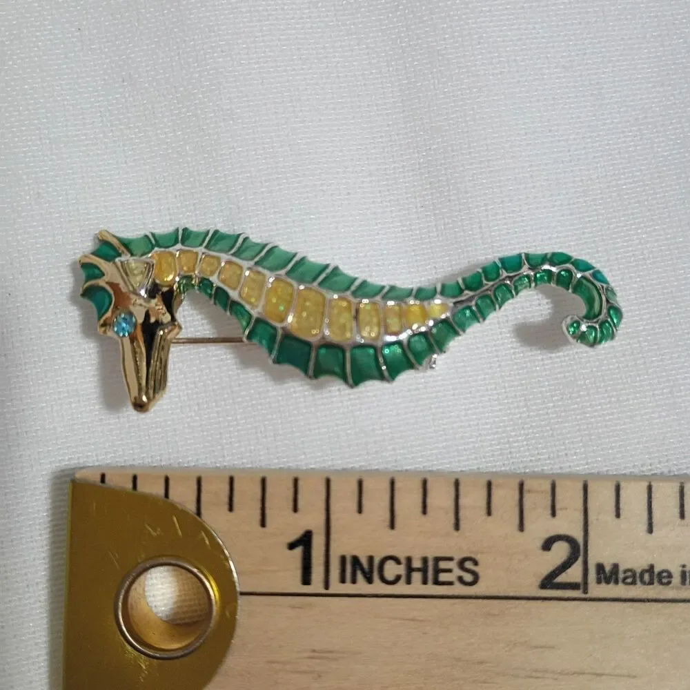 Time and Tide Sealife Pin Seahorse Silvertone with Teal and Gold Enamel Brooch